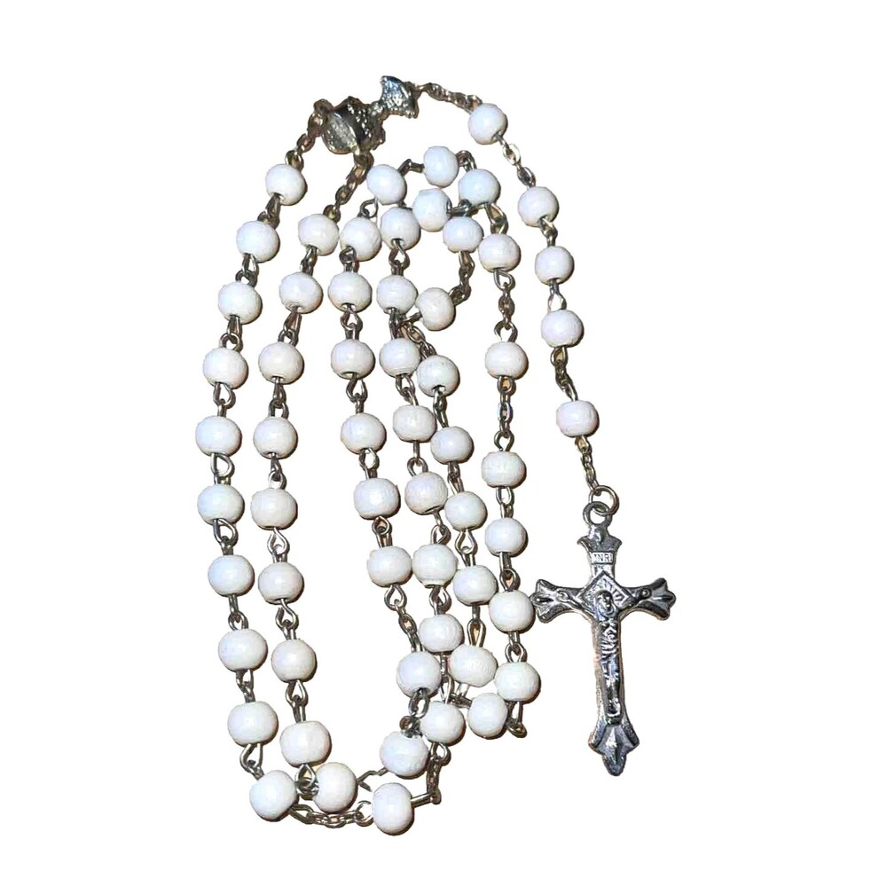 Vintage Catholic Rosary Beads Cream Color & Silver Tone Chain & Crucifix